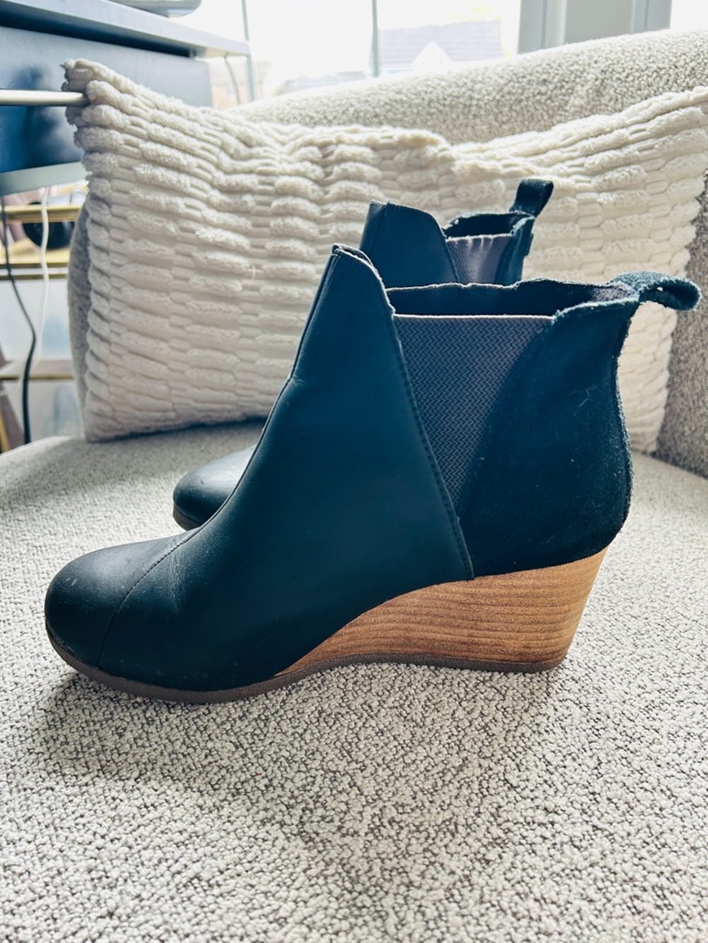 Toms Black Wedge Ankle Booties with Wood-Look Heel